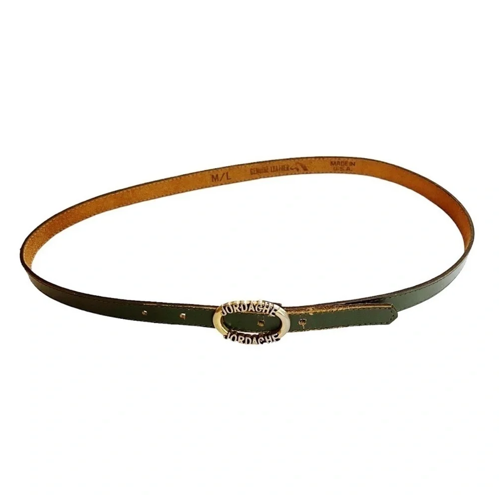 Vintage Jordache Skinny Olive Green Belt with Spell-out Buckle Size M//L